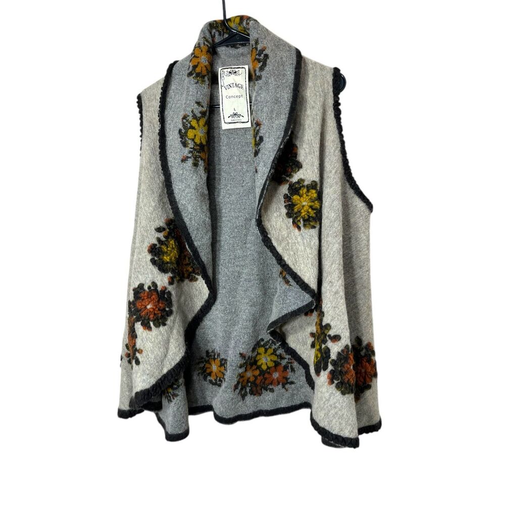 Vintage Concept Cardigan‎ L Cream/Gray Wool Waterfall Sweater Raised Floral Knit